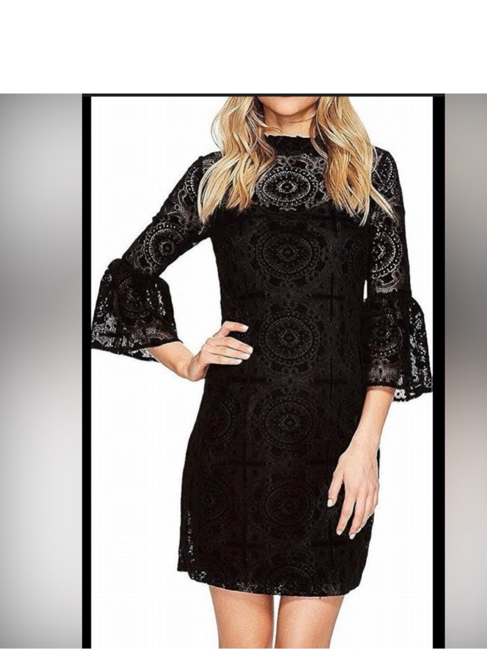 Calvin Klein Black Velvet Lace Mini Dress with Bell Sleeves